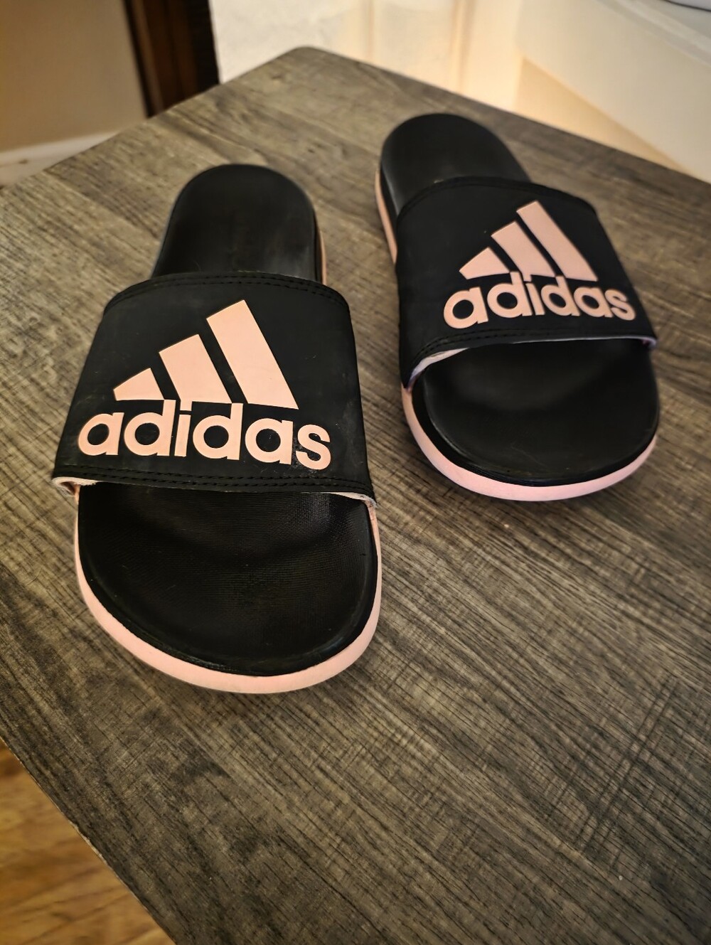 adidas Black Slides with Pink Logo and Trim
